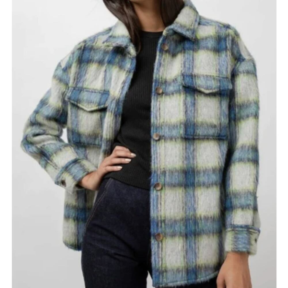 Rails Women's Turner Shacket Shirt Jacket Oversized Wool Blend Plaid Grey Blue S